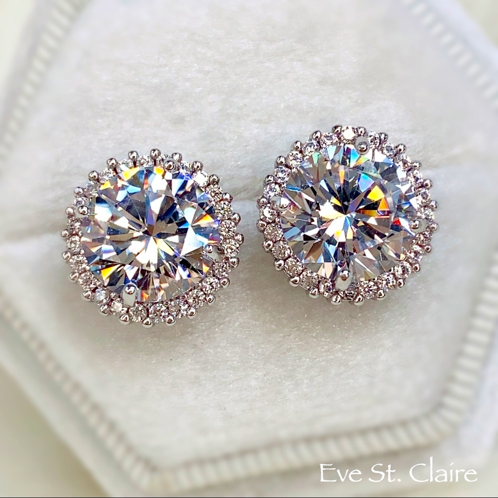 14k white gold earrings diamond 6 CT halo round stud estate brilliant